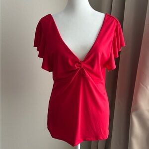 VENUS Red Flutter Sleeve V-Neck Blouse